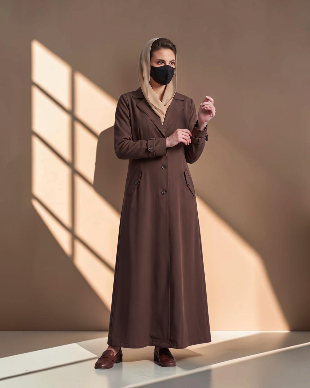Executive Abaya Coat with Structured Shoulders (Brown)
