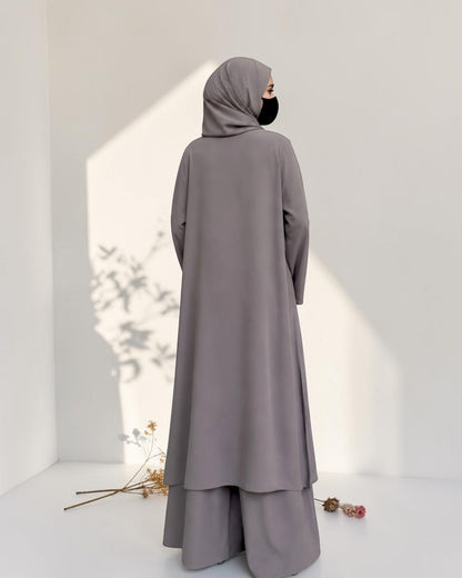 Three Pieces Abaya-like Co-ord Set with Long Tunic and Elasticated Bottom