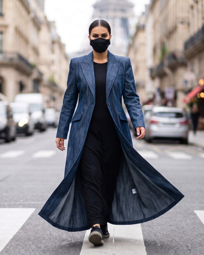 Tailored Denim Coat Abaya with Blazer Collar