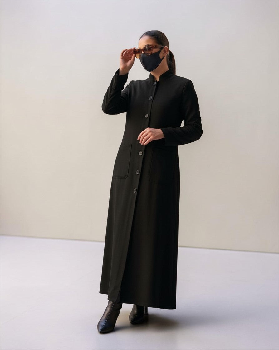 Latest Coat Abaya with Soft Shoulder Pads and Mandarin Collar| Black