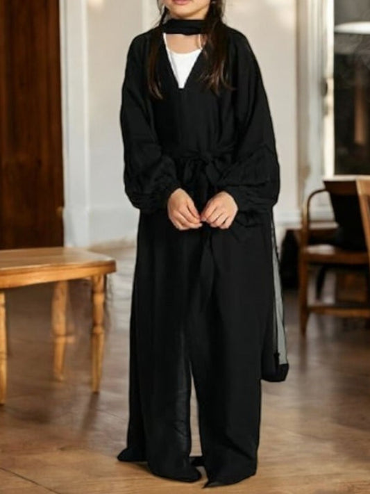 Three-Piece Abaya Set with Cardigan, Hijab, and Belt