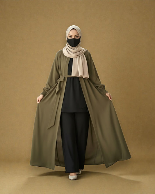Front Open Abaya with Zipper Opening, Umbrella Flare and Matching Belt