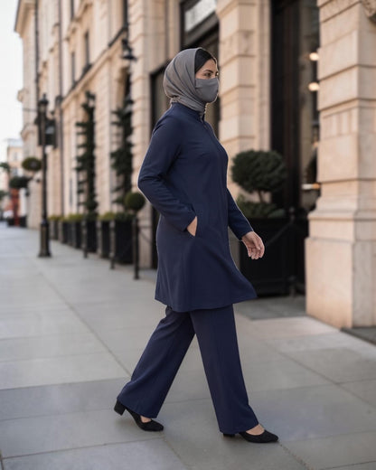 2-Piece Modest Co-Ord Set with Zipper Top & Elasticated Trousers | Optional Hijab