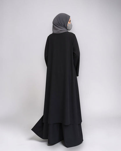 Three Pieces Abaya-like Co-ord Set with Long Tunic and Elasticated Bottom