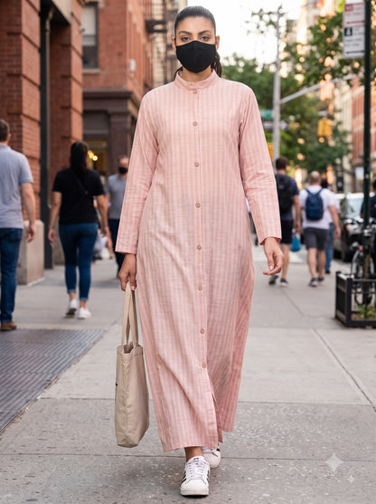 Blush Pink Striped Cotton Front-Open Abaya Shirt with Mandarin Collar