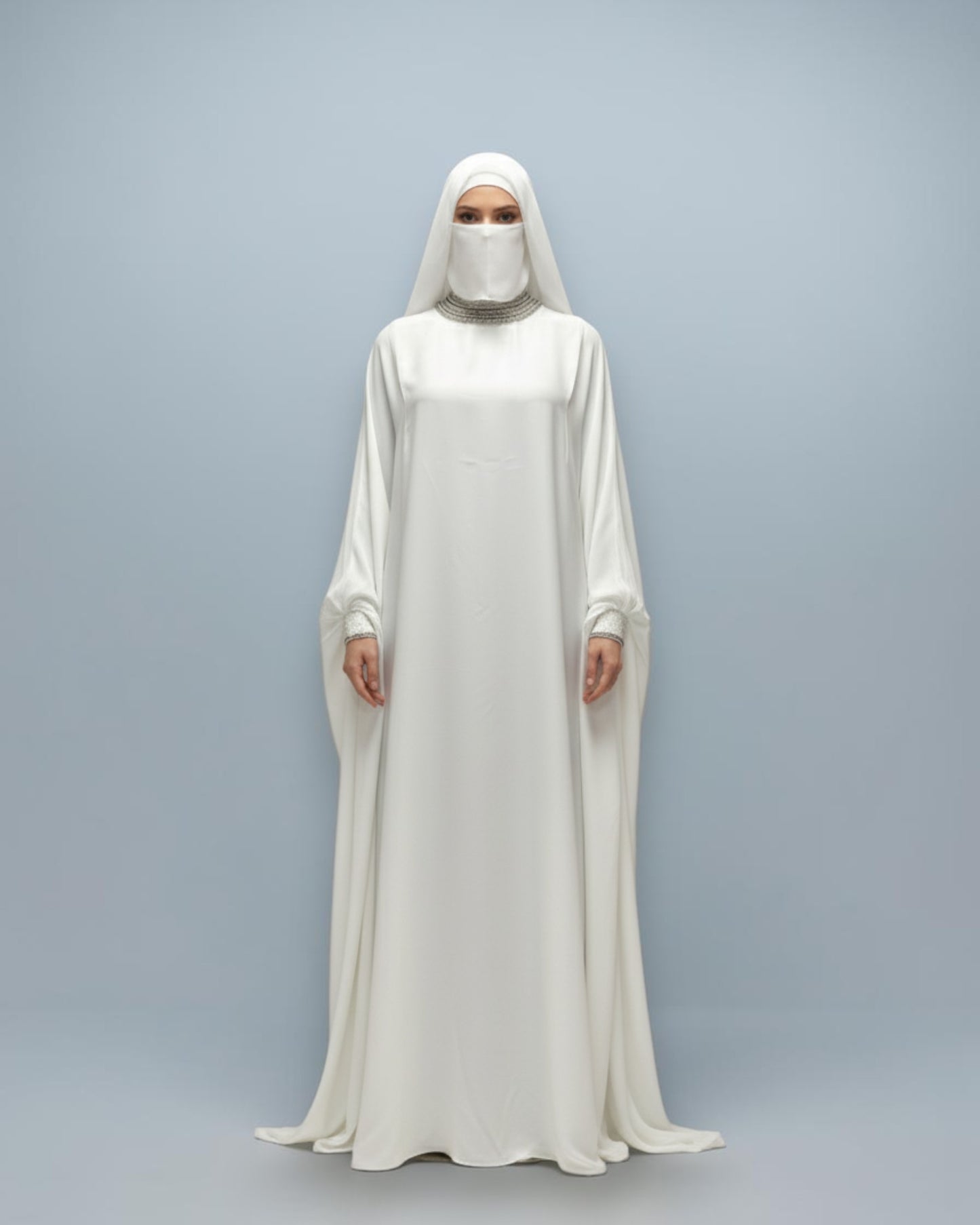 White Armani Satin Occasion Abaya with Handwork Embellishments