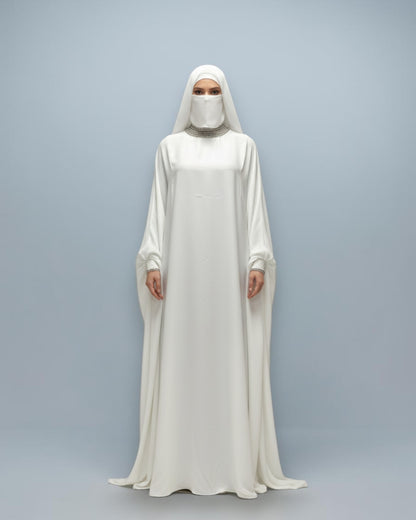 White Armani Satin Occasion Abaya with Handwork Embellishments