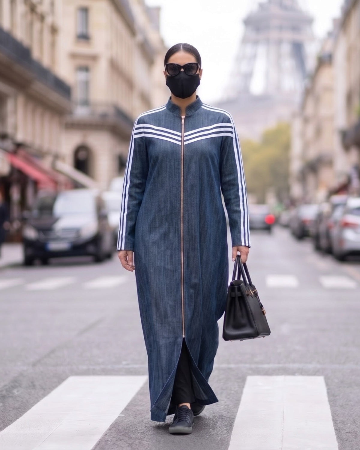 Sport Stripe Denim Zipper Abaya