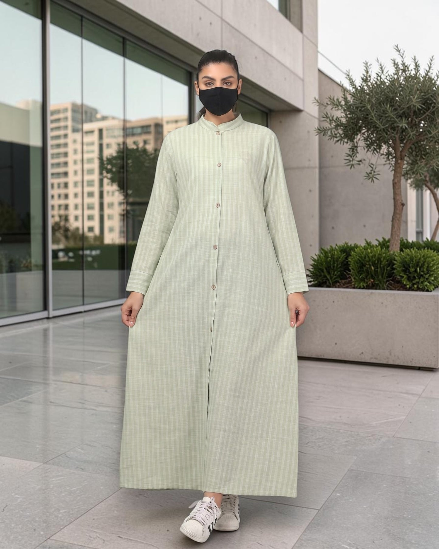 Mint Green Striped Cotton Front-Open Abaya Shirt with Mandarin Collar