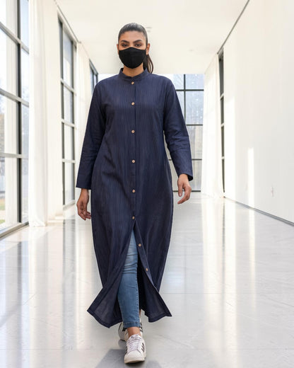 Front-Open Striped Cotton Abaya Shirt with Mandarin Collar