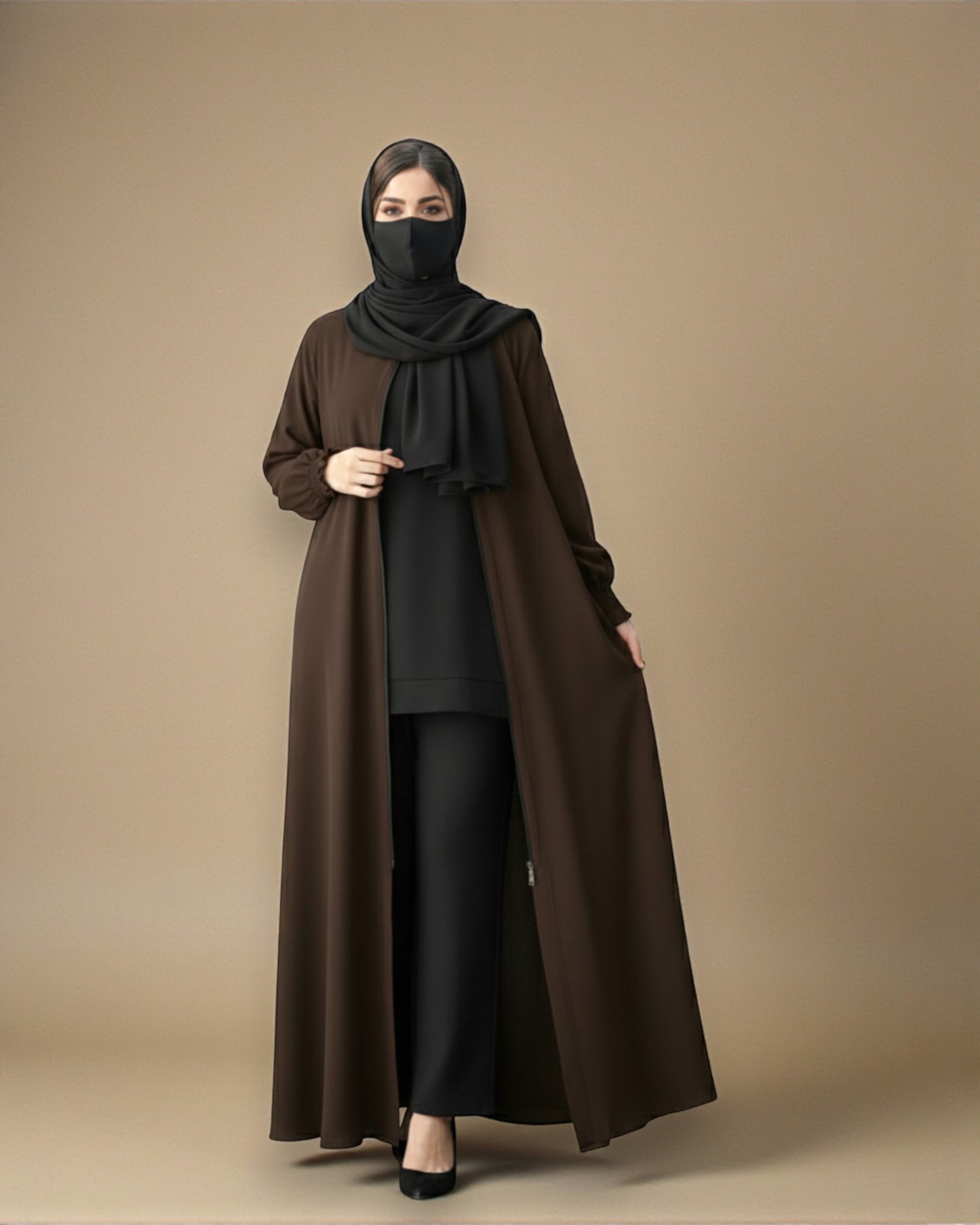 Front Open Abaya with Zipper Opening, Umbrella Flare and Matching Belt