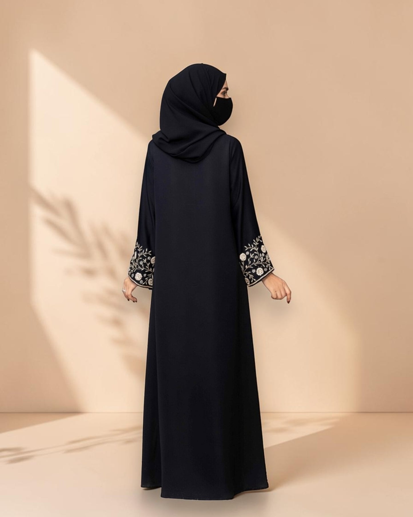 Black Praada Front-Open Mahram-Embroidered Burqa with Sleeve Embellishments