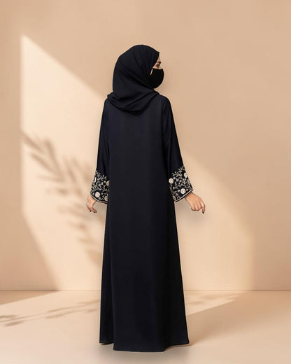 Black Praada Front-Open Mahram-Embroidered Burqa with Sleeve Embellishments