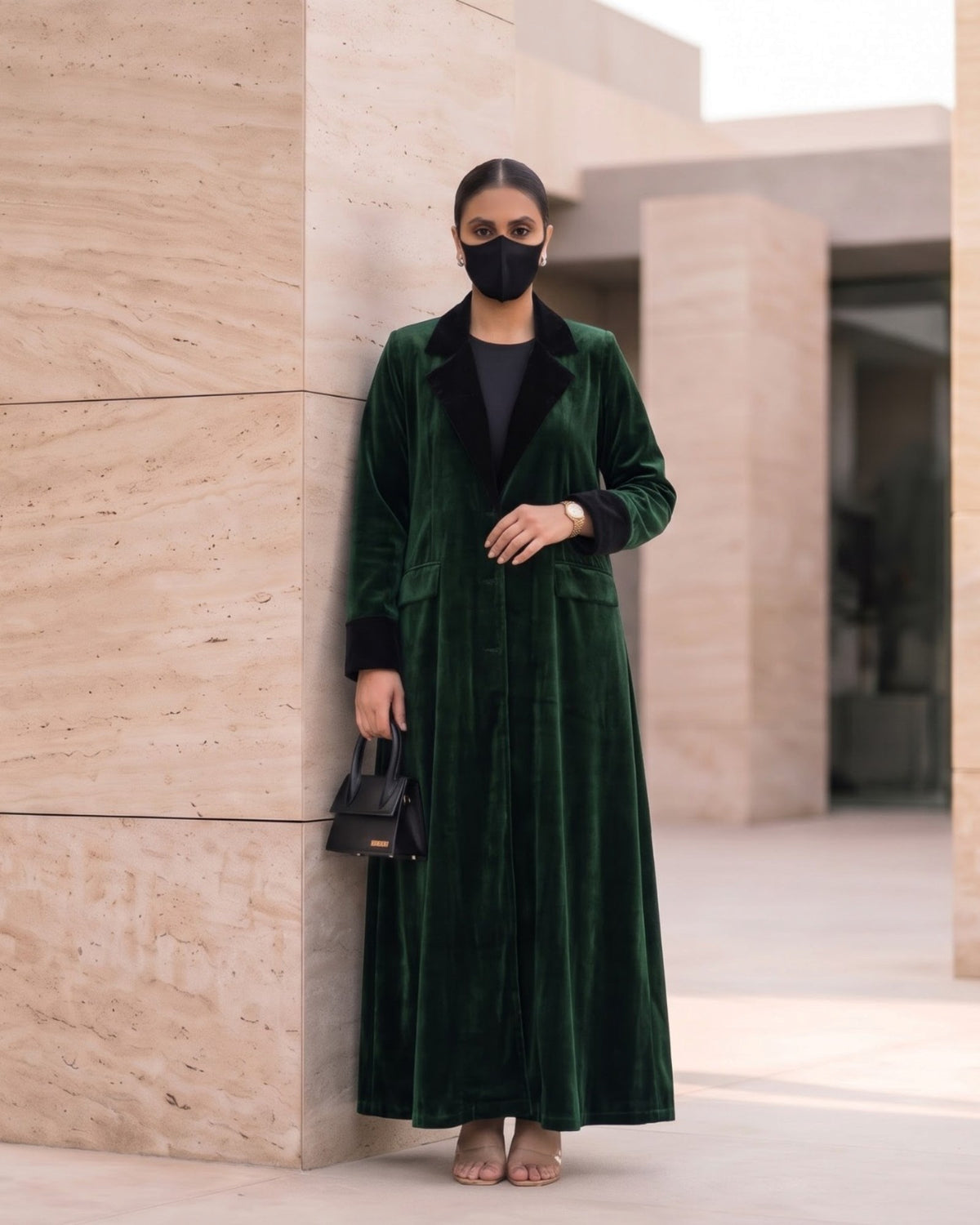 Trending Velvet Coat Abaya with Contrast Lapels