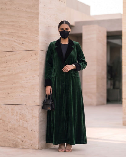 Trending Velvet Coat Abaya with Contrast Lapels