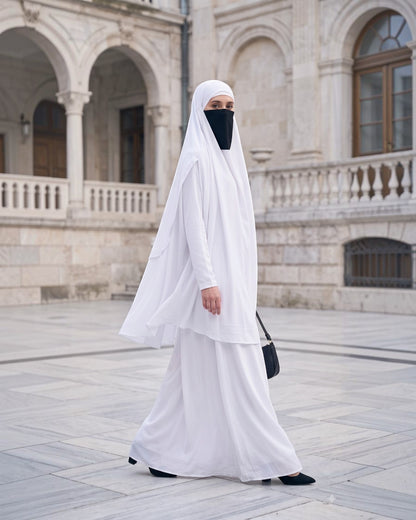 White Jilbab Duo with Convertible Sleeved Khimar For Haj Or Umrah