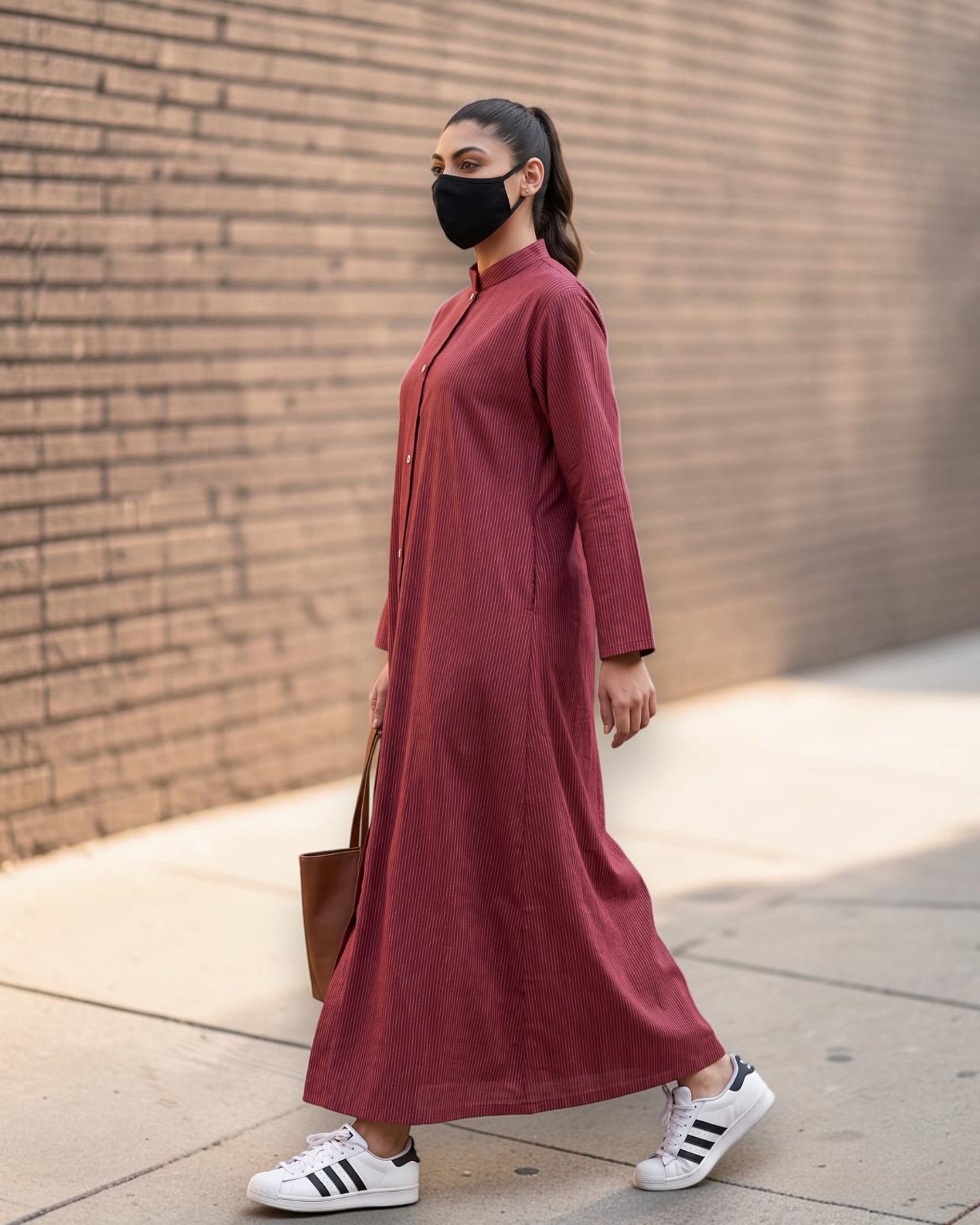 Rust Red Striped Cotton Front-Open Abaya Shirt with Mandarin Collar