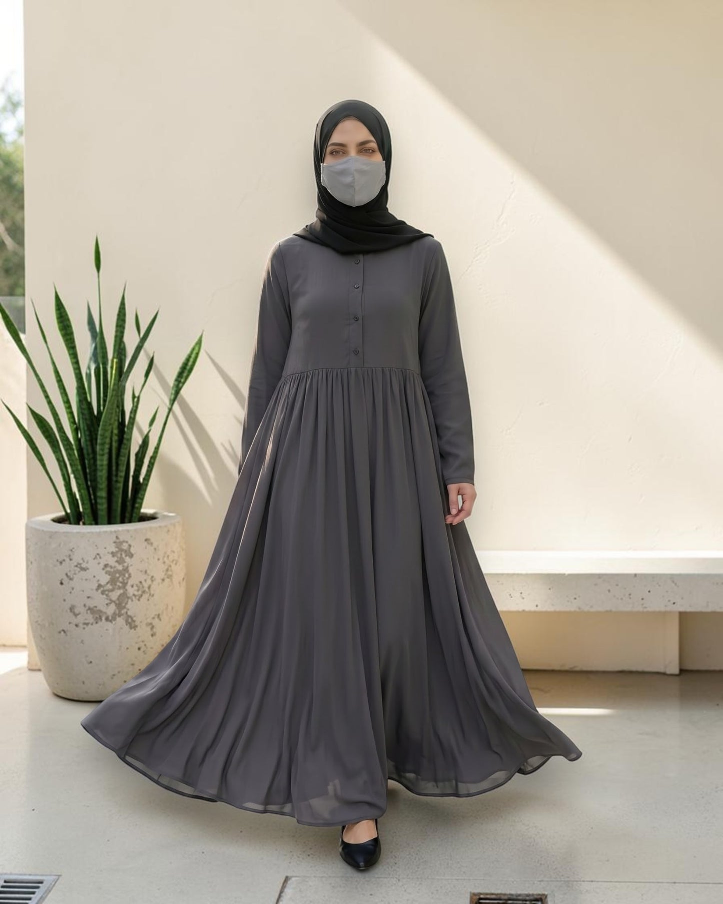 Stylish Umbrella Flare Mahram-Abaya with a Belt and Hijab in Firdaus Fabric
