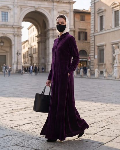 Classic Front Open Velvet Abaya with Covered Buttons