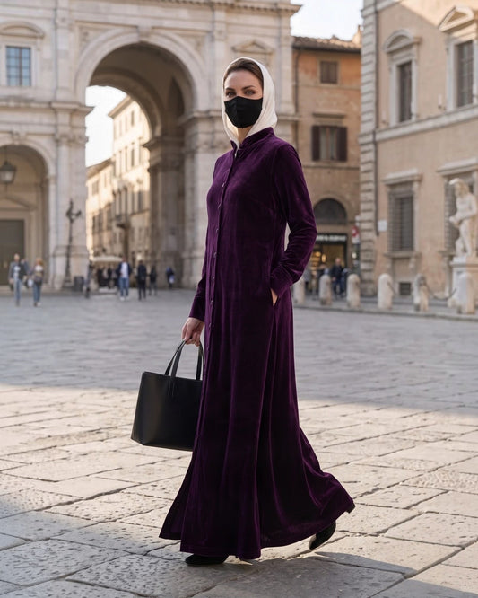 Classic Front Open Velvet Abaya with Covered Buttons