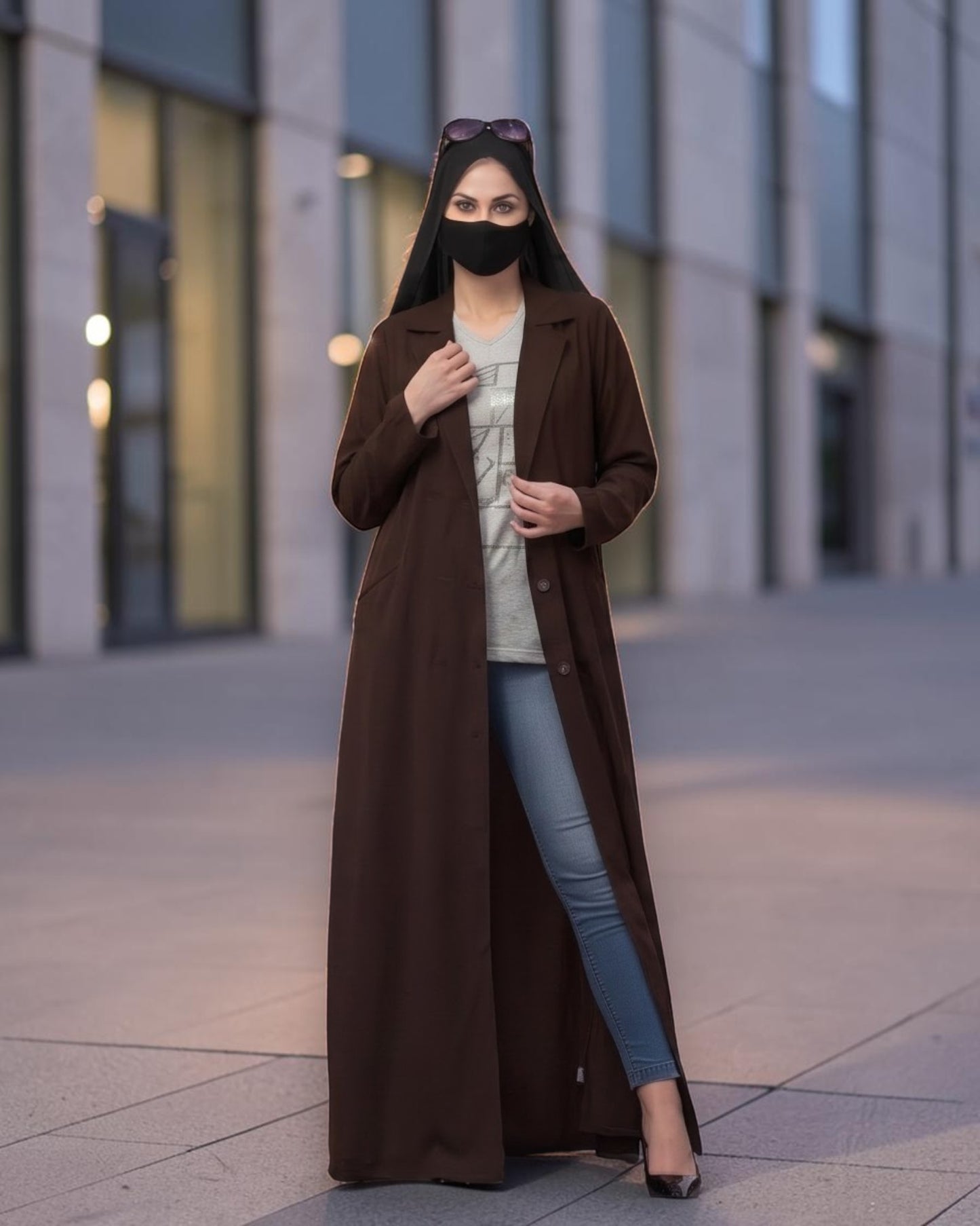 Double-Breasted Coat Abaya for Work with Free Hijab | Optional Inner | Brown