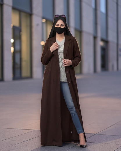 Double-Breasted Coat Abaya for Work with Free Hijab | Optional Inner | Brown