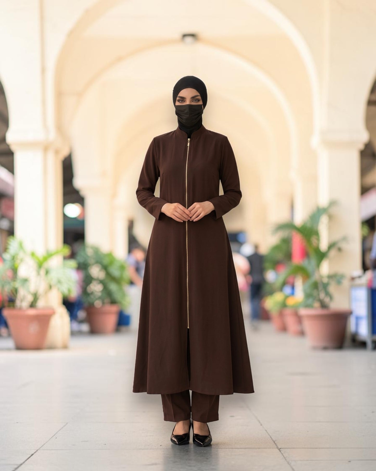 Modest Workwear Long Top with Hijab | Optional Pant | Brown