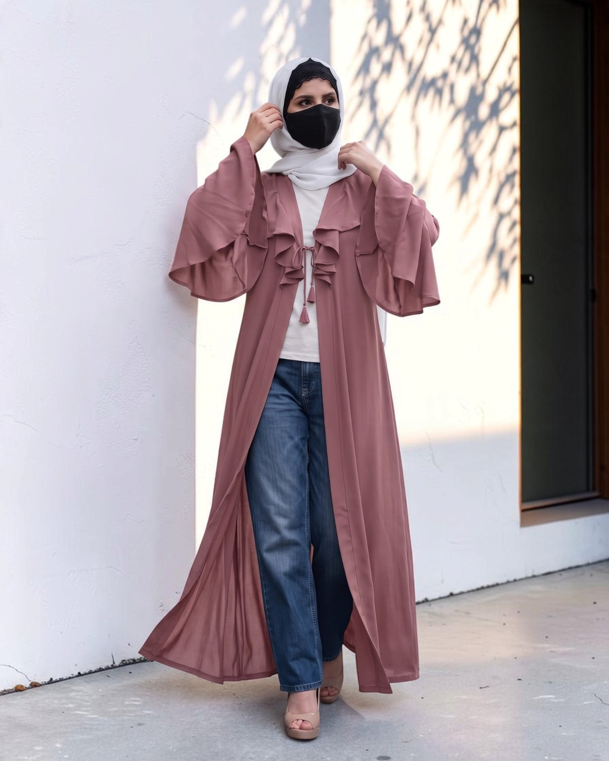 Ruffle Yoke Cardigan Abaya with Statement Bell Sleeves