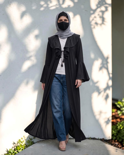 Designer Abaya Fit Shrug with Ruffle Yoke & Bell Sleeves