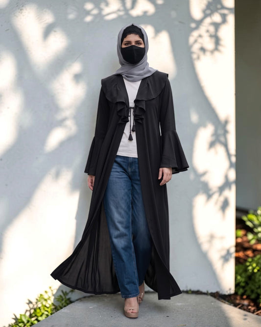 Designer Abaya Fit Shrug with Ruffle Yoke & Bell Sleeves