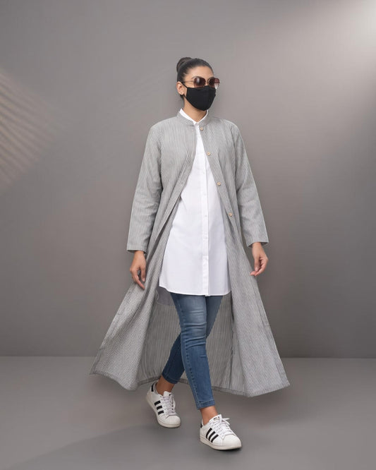 Grey Striped Cotton Front-Open Abaya Shirt with Mandarin Collar
