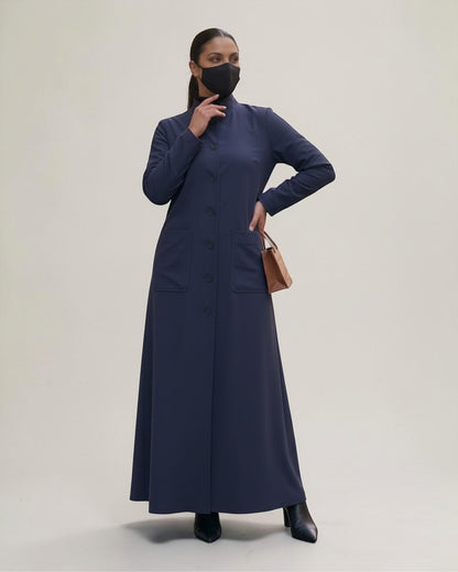 Latest Coat Abaya with Soft Shoulder Pads and Mandarin Collar| Navy Blue