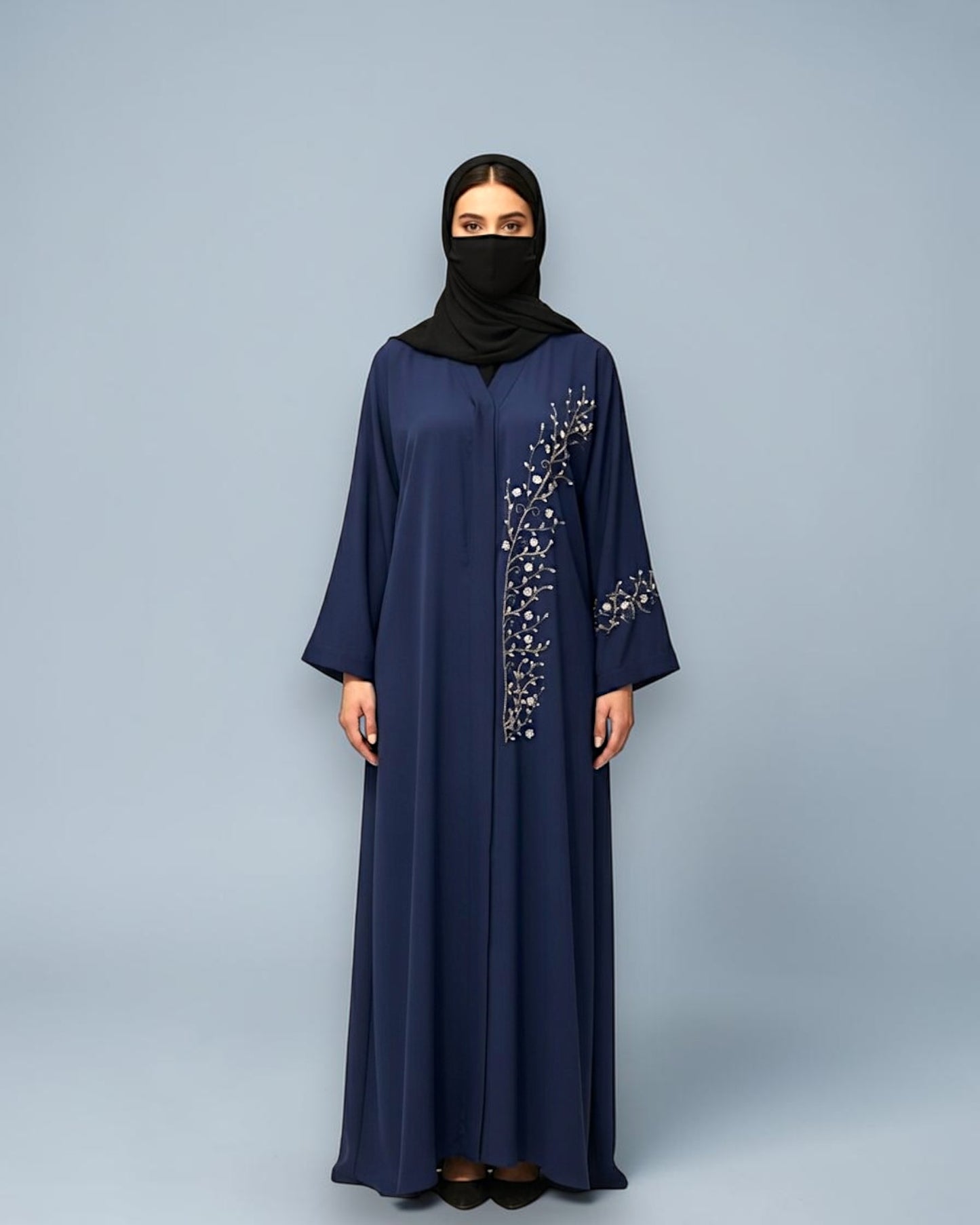 Navy Blue Praada Front-Open Embroidered Abaya with Asymmetrical Handwork