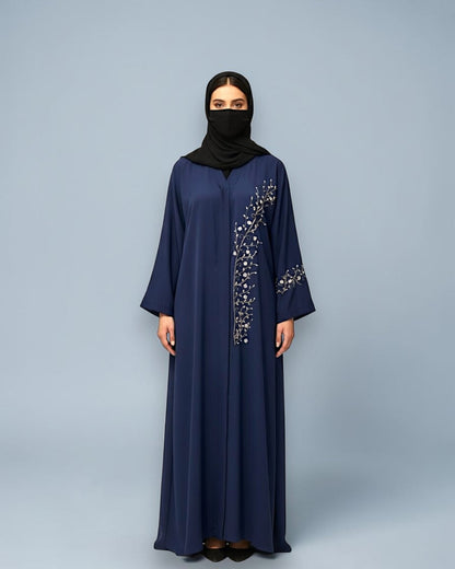 Navy Blue Praada Front-Open Embroidered Abaya with Asymmetrical Handwork