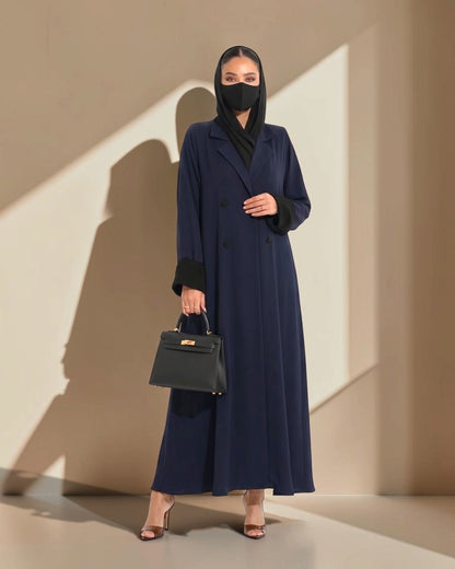 Navy Blue Double-Breasted Coat Style Abaya with Contrast Collar