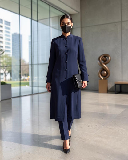 Business Suit for Women with Coat-Style Top | Optional Trouser & Hijab | Navy Blue