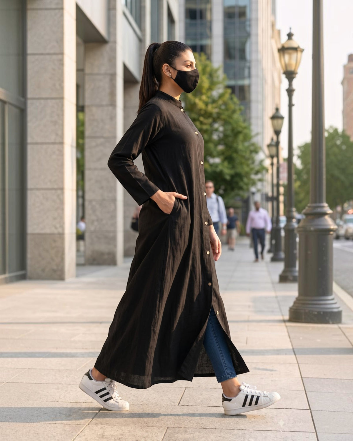 Solid Black Cotton Front-Open Abaya Shirt with Mandarin Collar