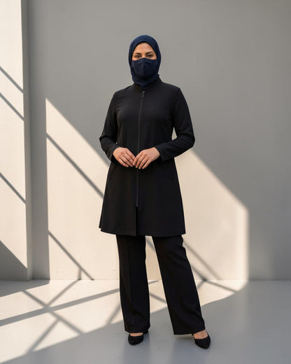 Black 2-Piece Modest Co-Ord Set with Zipper Top & Elasticated Trousers | Optional Hijab