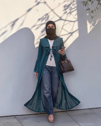 Designer Long Abaya Shrug with Cascading Yoke Detail