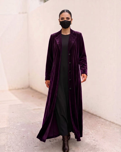 Longline Velvet Coat Abaya with Lapel Collar