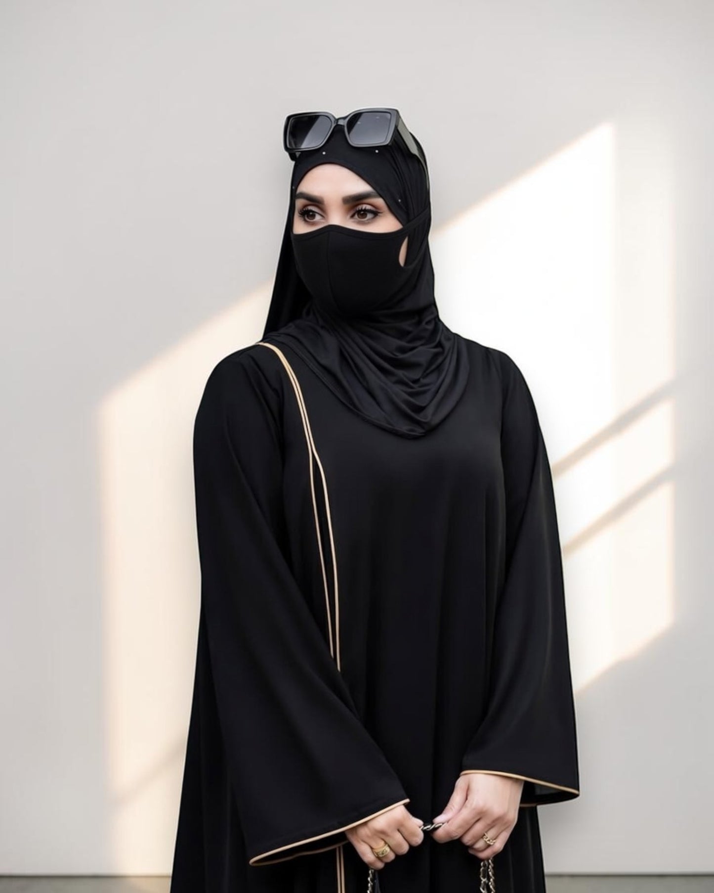 Designer Black Closed Abaya with Contrast Piping and Extra Flare