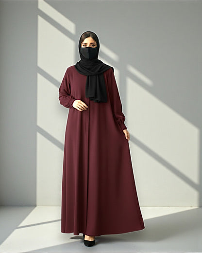 Front Open Abaya with Zipper Opening, Umbrella Flare and Matching Belt -Maroon