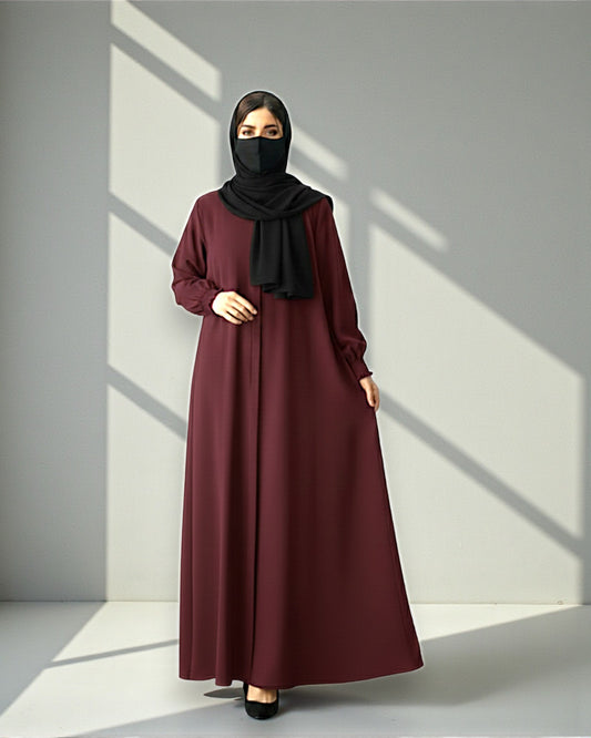 Front Open Abaya with Zipper Opening, Umbrella Flare and Matching Belt -Maroon