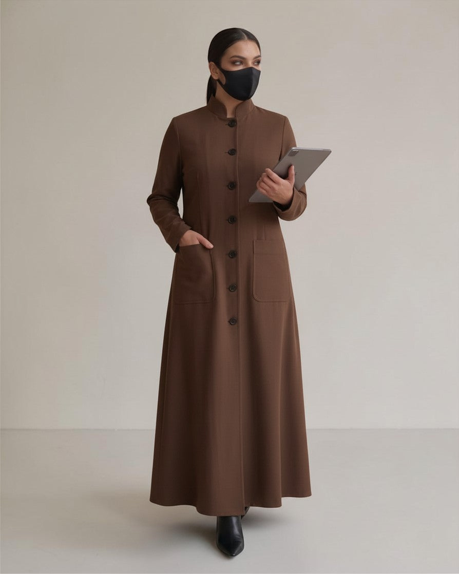 Latest Coat Abaya with Soft Shoulder Pads and Mandarin Collar| Brown