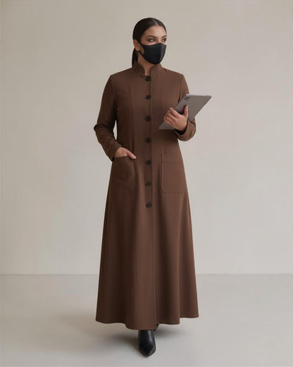 Latest Coat Abaya with Soft Shoulder Pads and Mandarin Collar| Brown