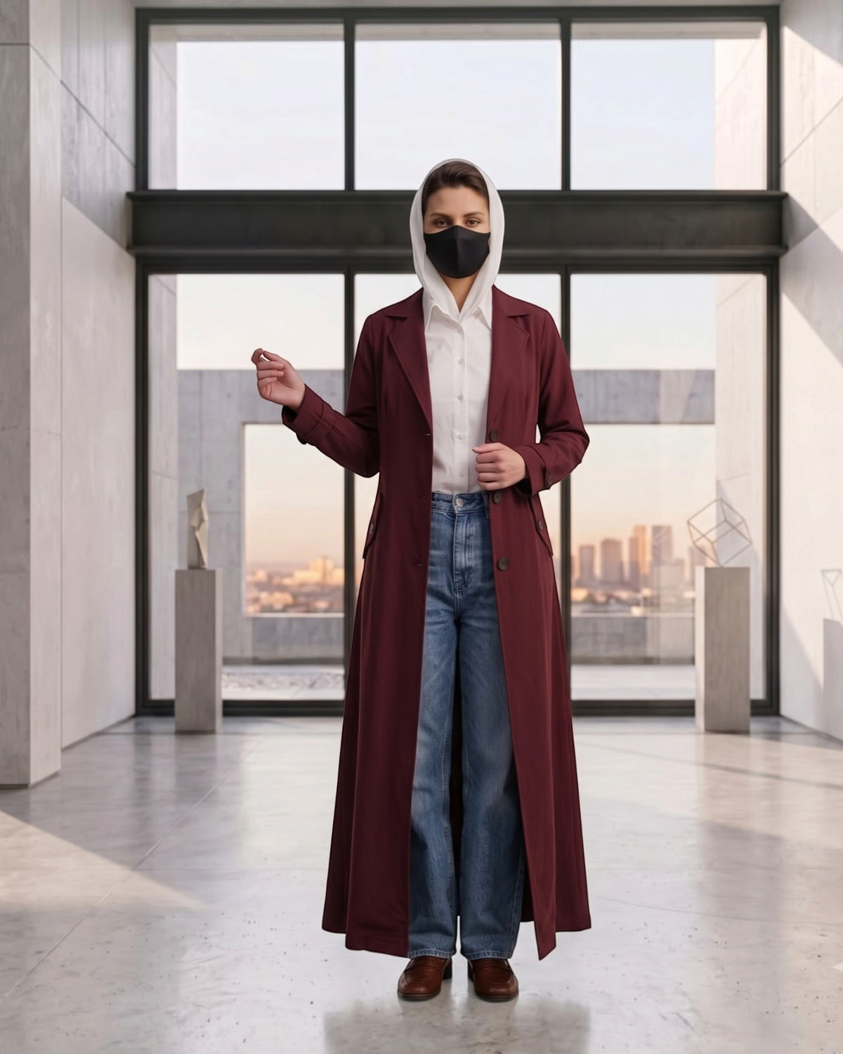 Executive Abaya Coat with Structured Shoulders (Maroon)