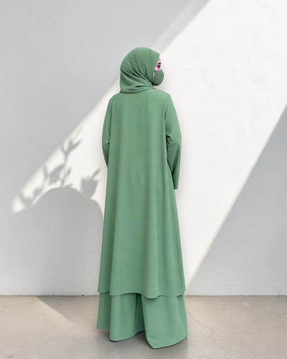 Three Pieces Abaya-like Co-ord Set with Long Tunic and Elasticated Bottom