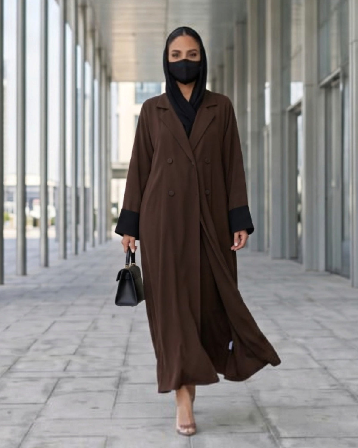 Elegant Double-Breasted Coat Style Abaya with Contrast Collar