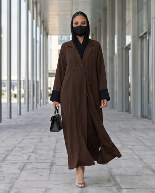 Elegant Double-Breasted Coat Style Abaya with Contrast Collar