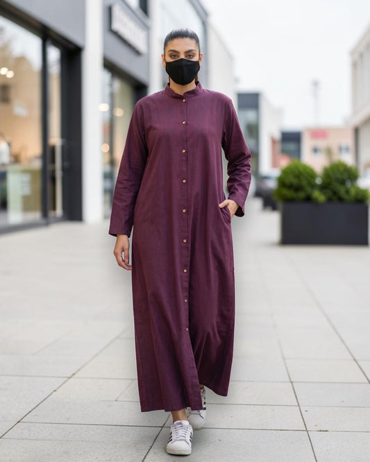Front-Open Cotton Abaya Shirt with Mandarin Collar – Maroon & Blue
